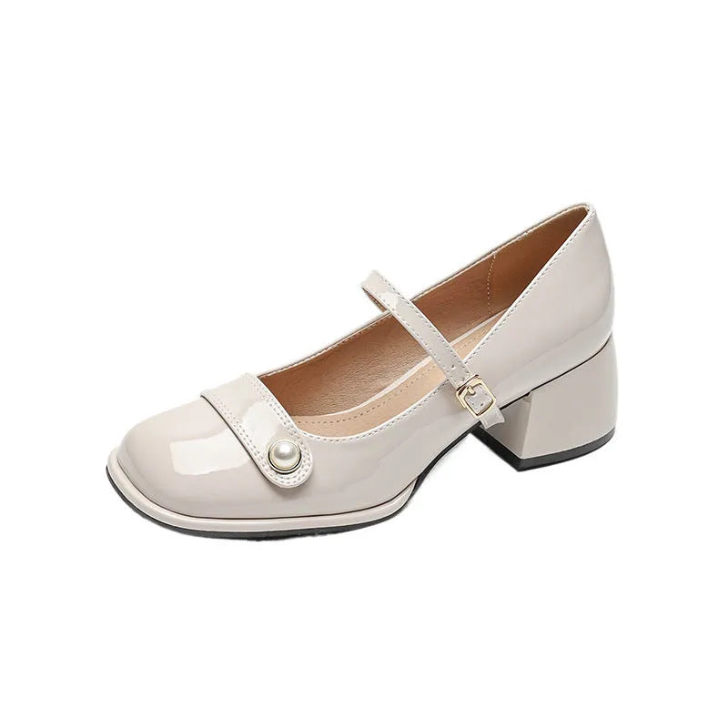 Women's plus size apricot patent leather chunky heel hiking shoe with buckle fastening and square toe.