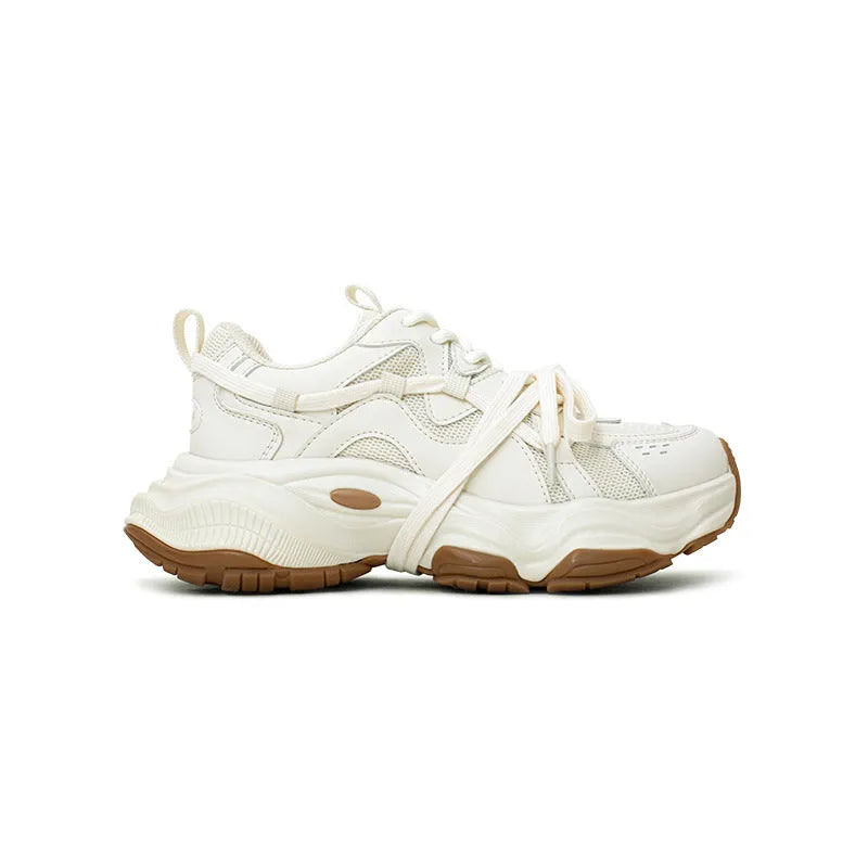Women's milky white platform sneakers with lace-up front and round toe.