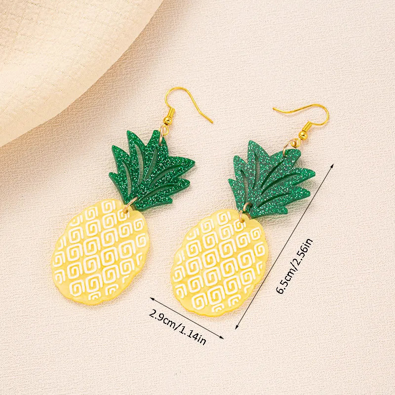 Women's alloy drop earrings with red and green acrylic jackfruit and coconut charms on a white background.