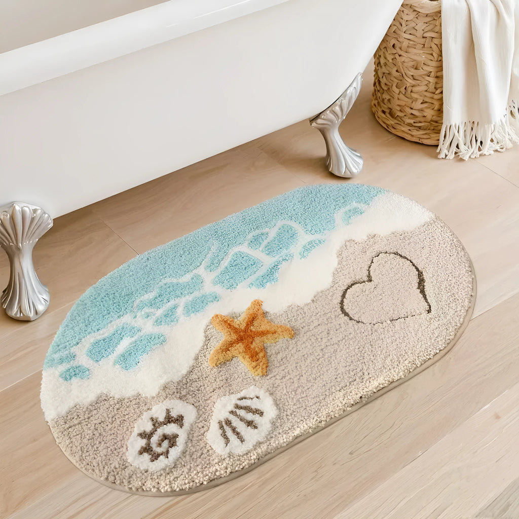 Square rainbow pattern carpet in sky sea colours with a soft texture and plastic bottom.