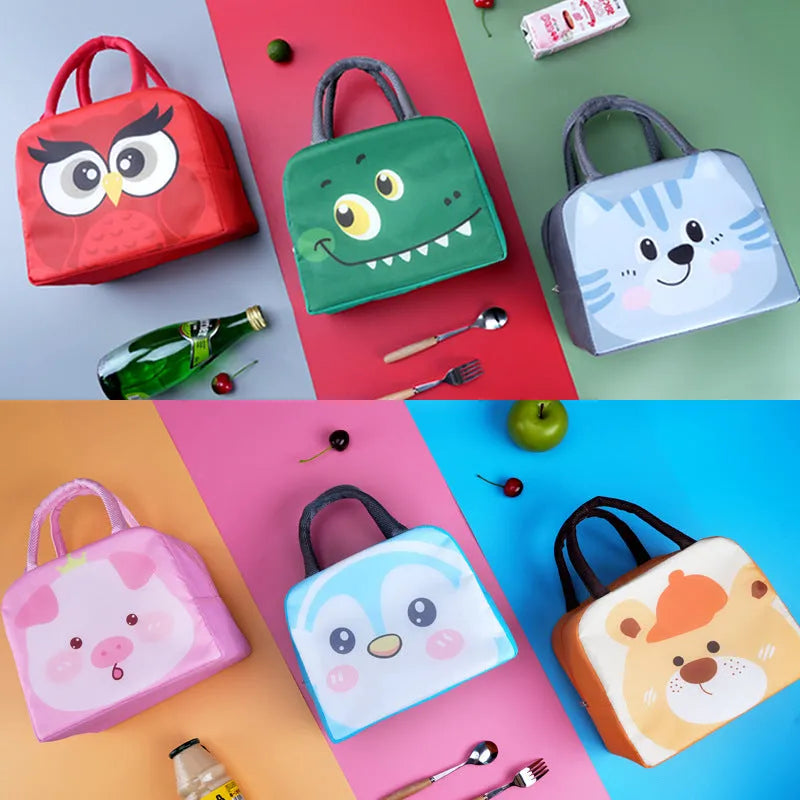 Children's insulated lunch box bag in Oxford cloth with aluminium foil lining showing animal design options