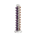 Black wrought iron coffee capsule storage rack holding 20 pods