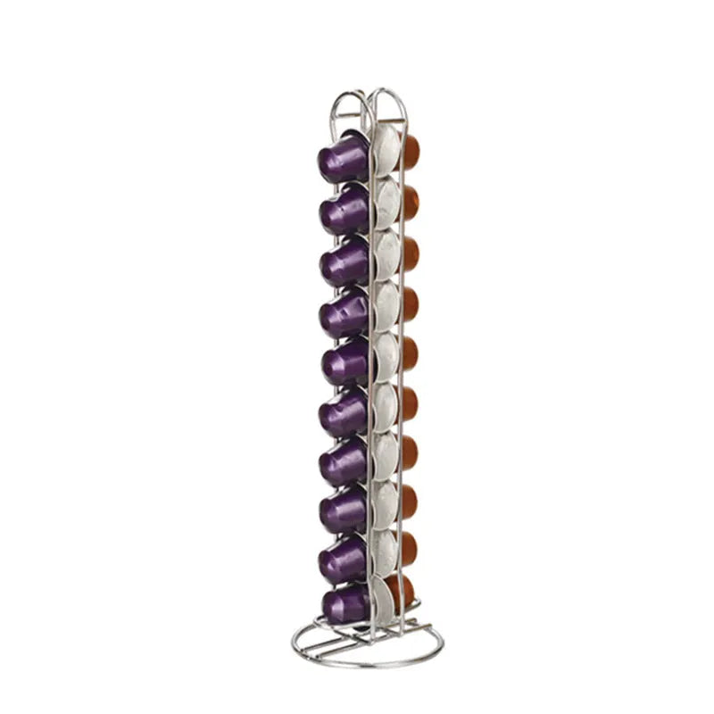 Black wrought iron coffee capsule storage rack holding 20 pods