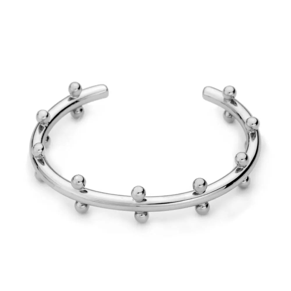 Stainless steel C-shaped bracelet with textured rivet and bean bead design in gold colour.