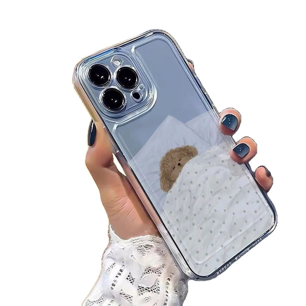 Transparent Apple iPhone case showing a sleeping cat pattern design on a clear TPU background.