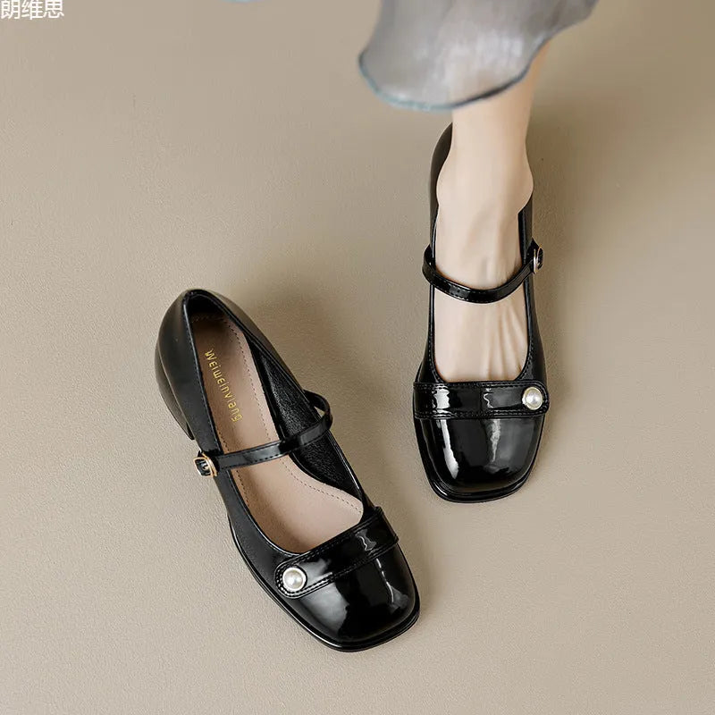 Women's plus size apricot patent leather chunky heel hiking shoe with buckle fastening and square toe.