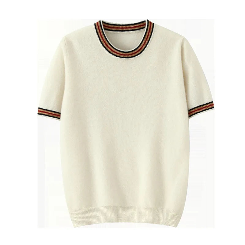 Men's short sleeve wool sweater with round neck pullover design in black colour
