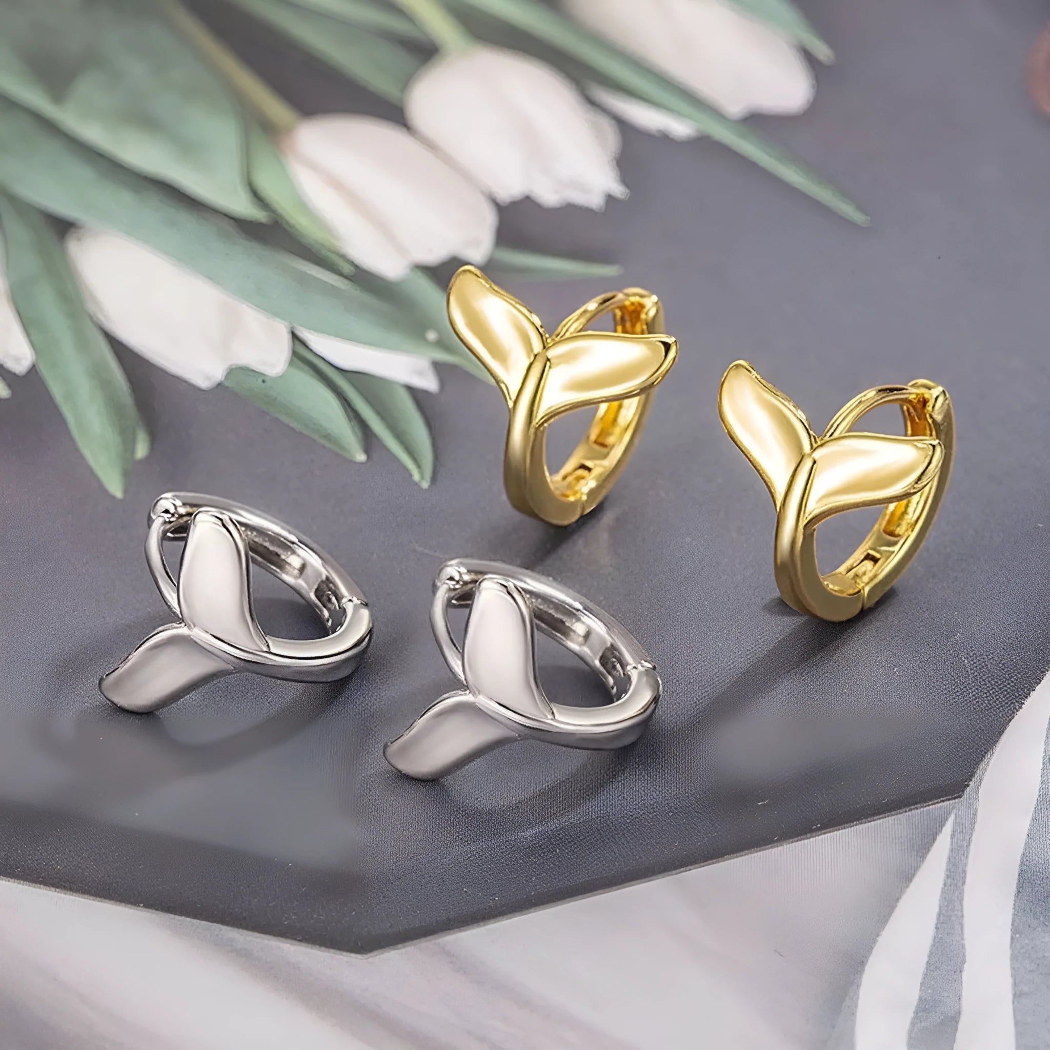 Women's fashion fishtail earrings in white gold or yellow gold electroplated finish
