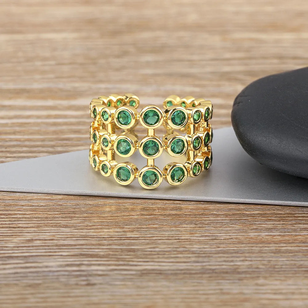 Three-layer green zircon wide ring with 18K gold plating over copper base