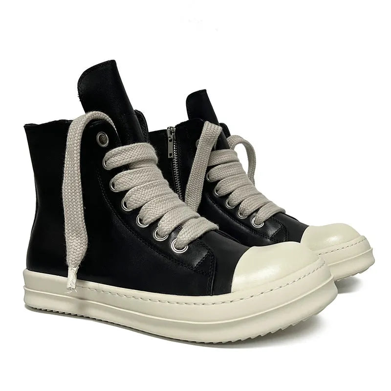 Black high-top leather sneaker boots with a side zipper and a thick rubber platform sole.