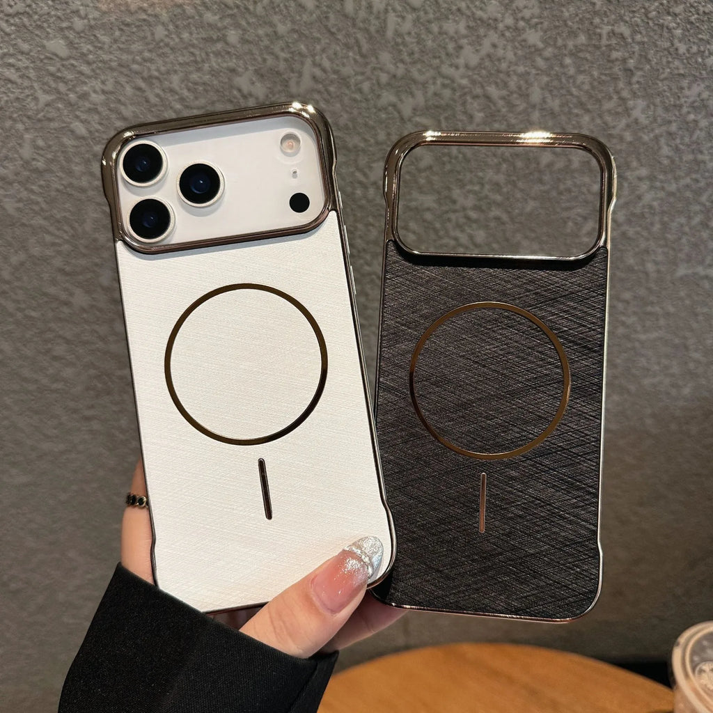 Magnetic electroplated metal PC phone case for iPhone 17 series in black, white, gold, sky blue, and silver grey.