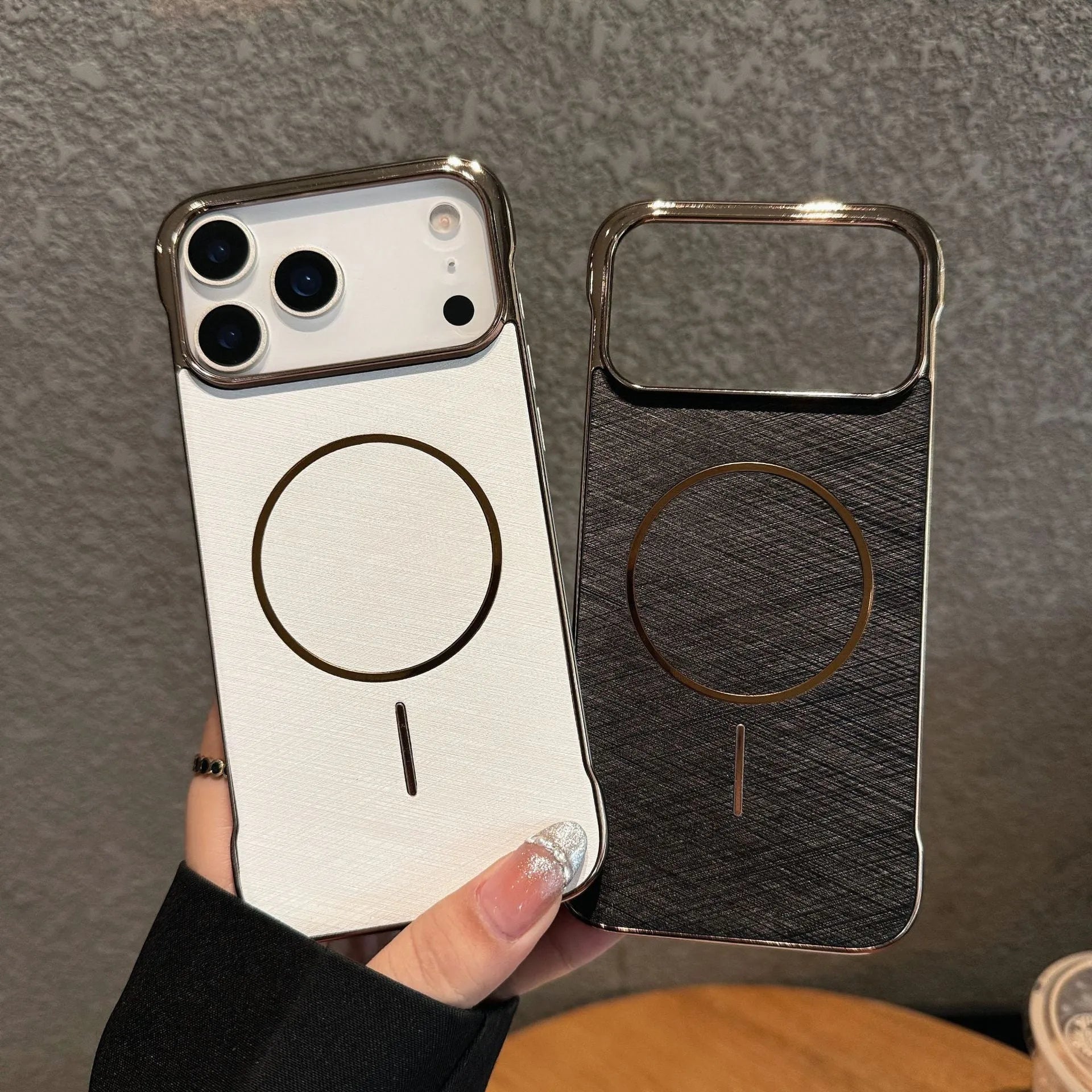 Magnetic electroplated metal PC phone case for iPhone 17 series in black, white, gold, sky blue, and silver grey.