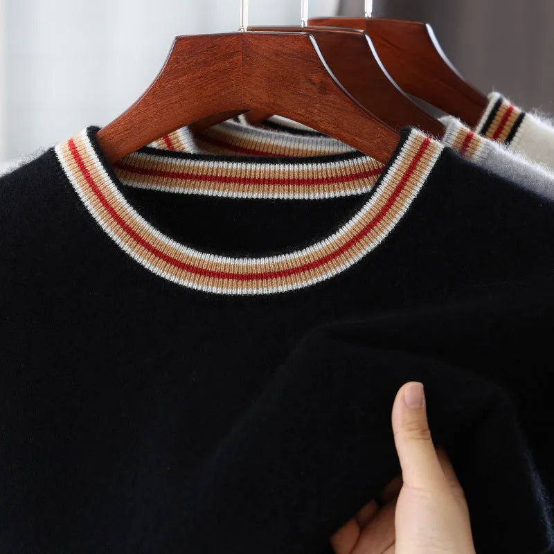 Men's short sleeve wool sweater with round neck pullover design in black colour