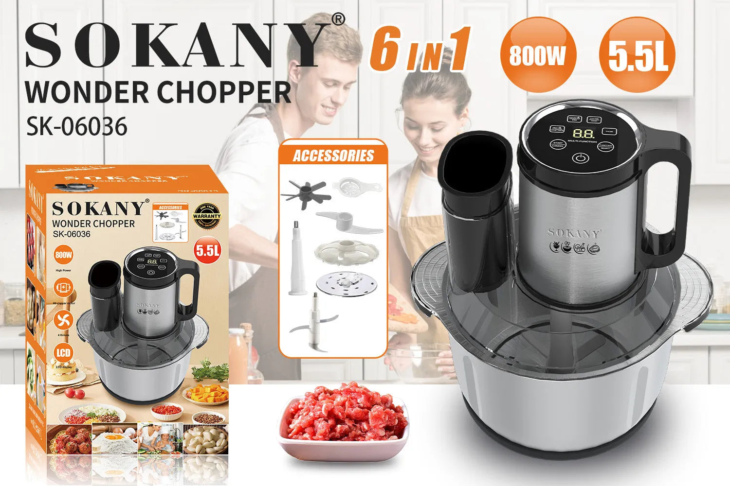 Stainless steel meat grinder and vegetable cutting machine with 5L capacity bowl in 06036 colour