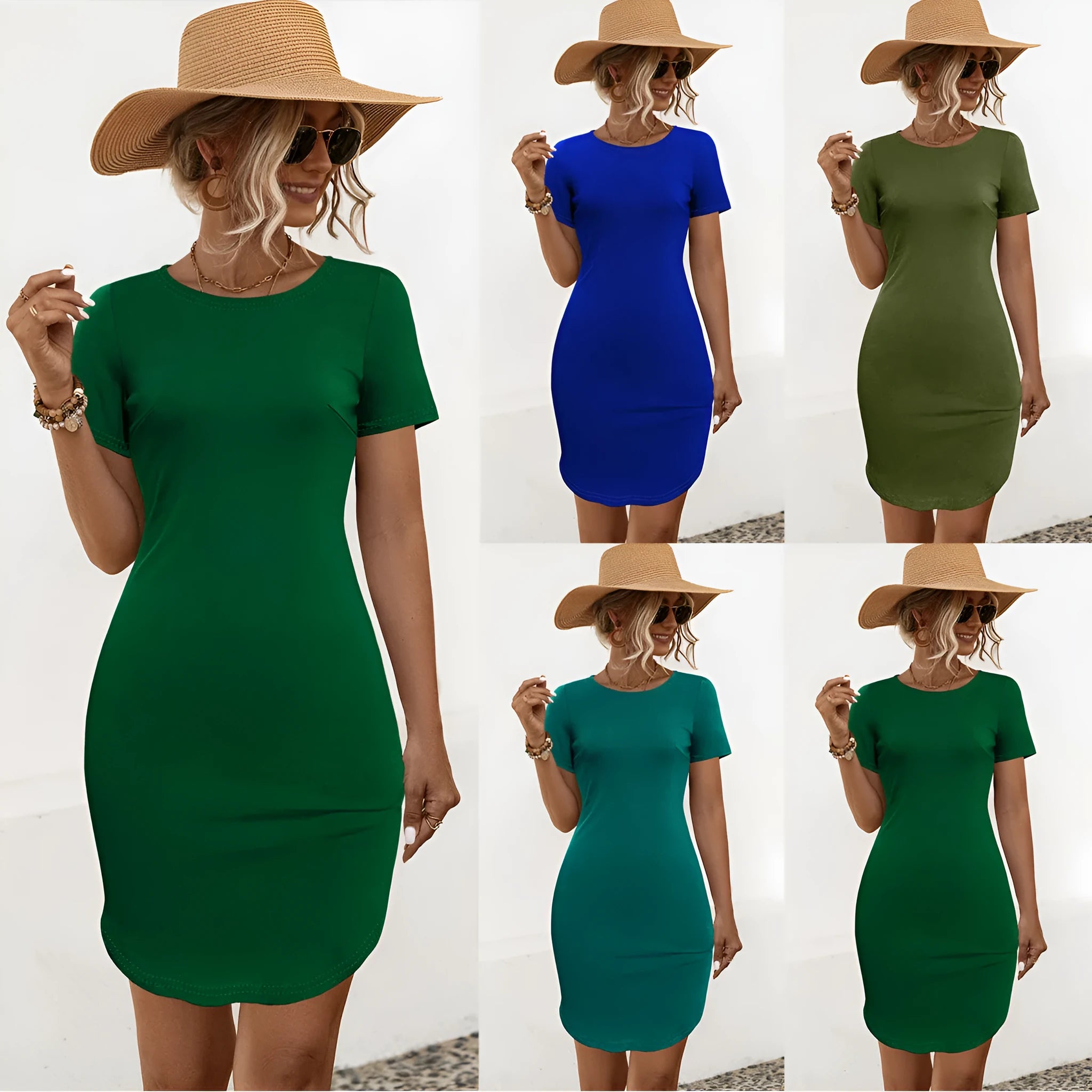 Women's slim-fit short sleeve dress with a U-shaped neckline in a solid dark green colour.