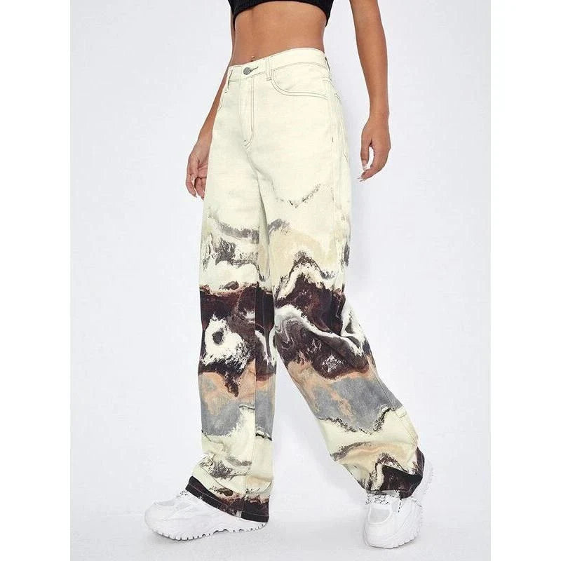 Shopfluxpro NZ Stylish Kiwi Jeans: Tie-Dye Wide-Leg High-Waisted Denim