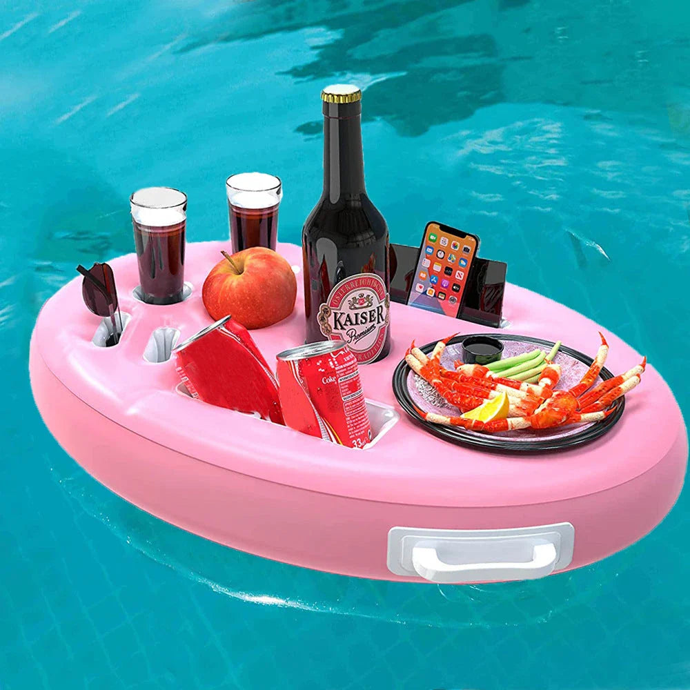 Inflatable drink holder with multiple compartments for cans, bottles, and snacks, designed for easy use in pools, at the beach, and other summer activities.