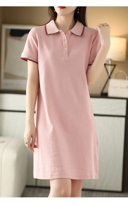 Stylish Kiwi Chic Mid-Length Polo Collar Dress in White, Black, Pink, and Navy Blue colors