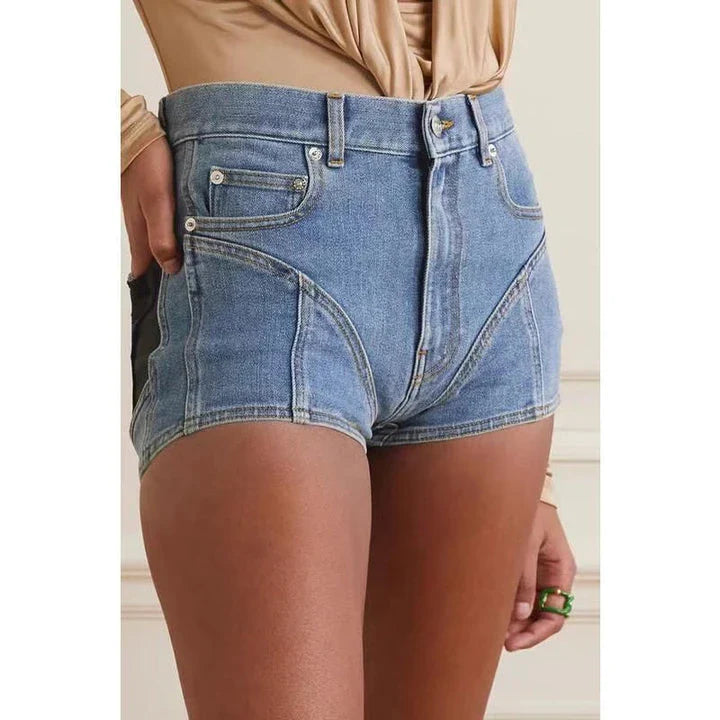 High-waisted slim fit denim shorts with patchwork detail, perfect for summer in New Zealand