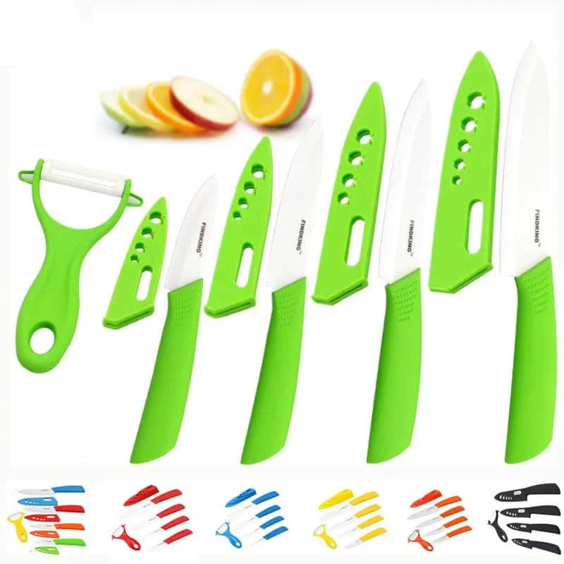 Set of premium ceramic knives with vibrant, colourful handles for a modern Kiwi kitchen