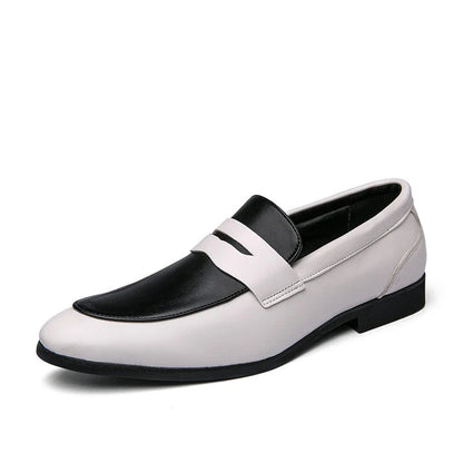 Sleek, stylish leather shoes in white and black with a modern, low-profile design suitable for business and formal occasions