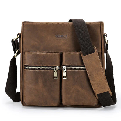 Premium retro leather messenger bag with single adjustable shoulder strap, multiple interior pockets, and classic coffee color for New Zealand men
