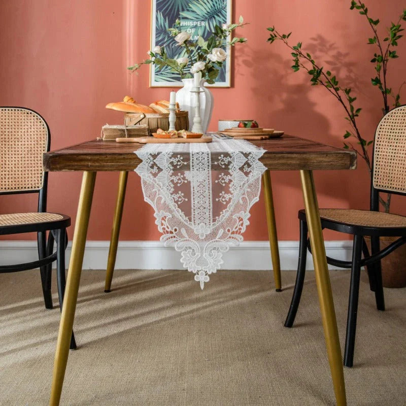 Elegant Lace Table Runner with intricate embroidery and hollowed-out design, perfect for enhancing the look of any dining table in New Zealand.