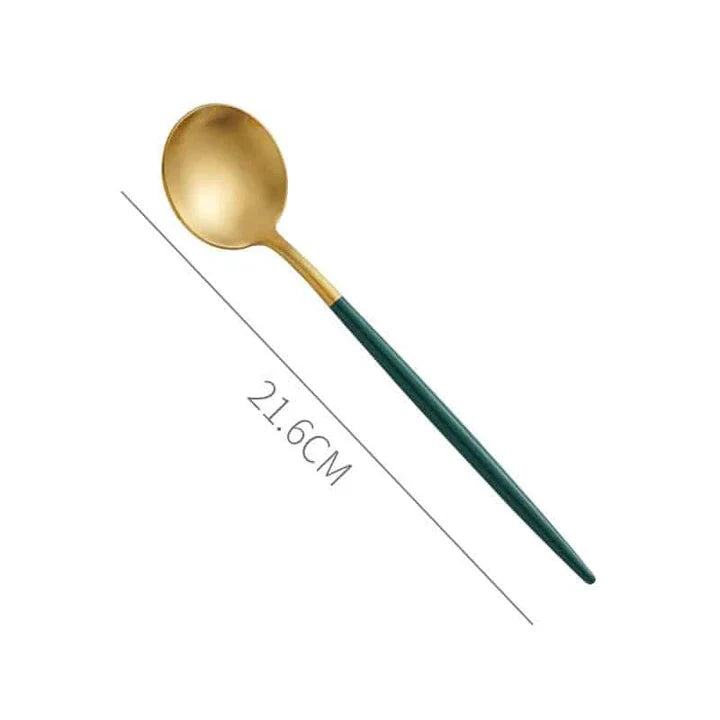 A set of eco-friendly, minimalist tableware in green and gold colors, suitable for 4 diners in a New Zealand home.