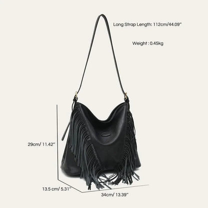 Elegant vegan leather shoulder bag with stylish tassel fringe in black color