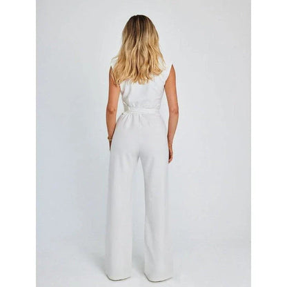 Elegant V-Neck Sleeveless Wide-Leg Jumpsuit in Khaki color, featuring a high-waist silhouette and lace-up detail for a refined, versatile look.