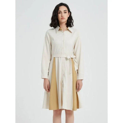 Elegant Beige A-line Long Sleeve Dress with Turn-down Collar and Belt for Flattering Fit