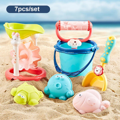 Colorful beach toy set with shovels, sand molds, and a convenient carry bag for outdoor fun
