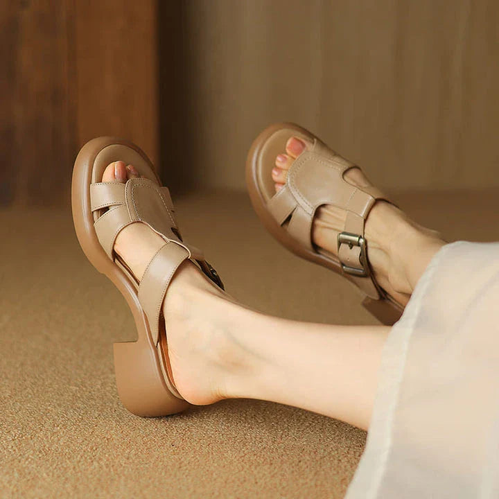 Premium cow leather sandals with a stylish buckle detail and a supportive square heel, perfect for Kiwi summer fashion.