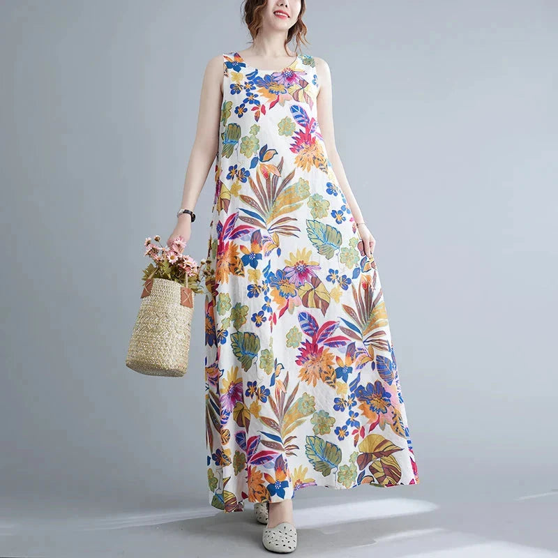 Elegant floral print cotton linen long dress with a classic O-neck and flattering A-line silhouette, perfect for Kiwi women's warm-weather style
