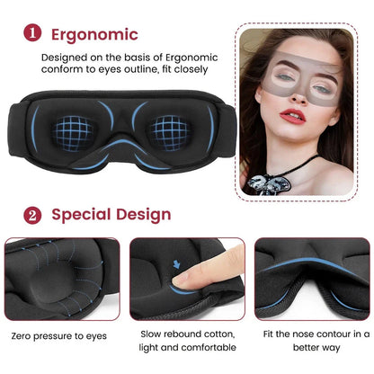 Comfort 3D Sleep Mask with 100% light blocking, pressure relief design, and adjustable fit for restful sleep