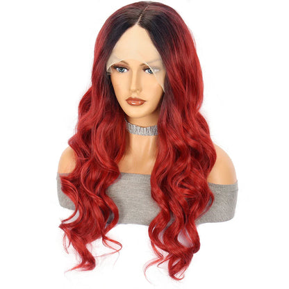 Crimson Wave Long Curly Hair Head Cover - A luxurious silk accessory with long, flowing curls and stylish oblique bangs that elevates any outfit.