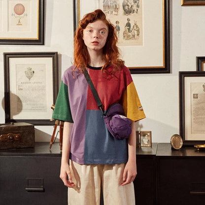 Timeless vintage cotton tee with colour block design and embroidered cuffs, perfect for summer in New Zealand