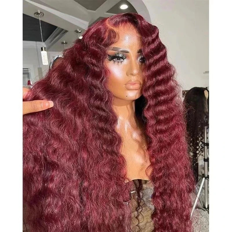 Versatile wine red long front lace wig with adjustable lace front and heat-resistant fibers for a natural, flowing Kiwi look