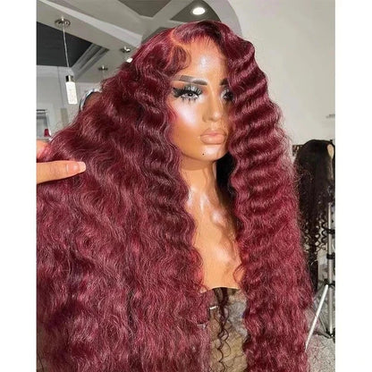 Versatile wine red long front lace wig with adjustable lace front and heat-resistant fibers for a natural, flowing Kiwi look