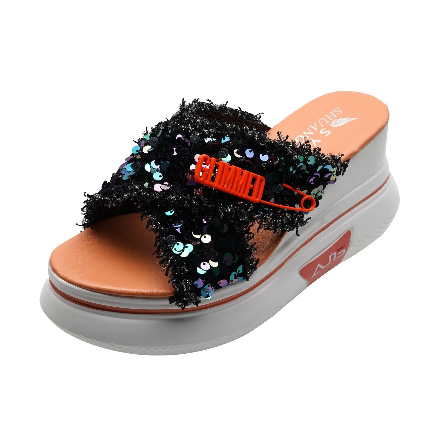 Sequinned sponge cake-inspired wedge sandals with thick, supportive soles and crossover design