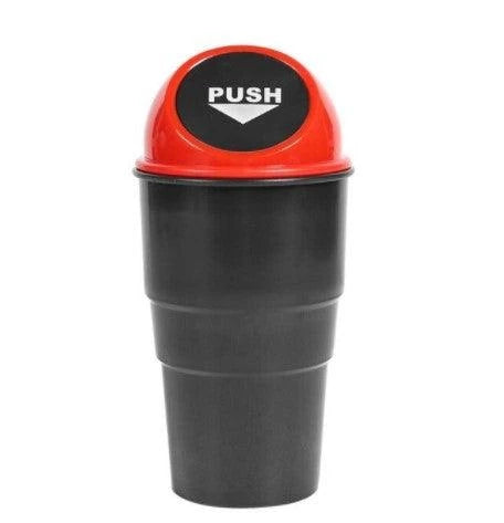 Compact in-car rubbish bin made of durable ABS plastic, designed to fit in car cup holders and keep vehicles clean and organised