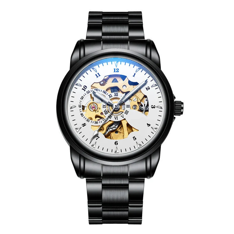 Stylish waterproof mechanical watch with stainless steel case and strap, available in multiple colour options