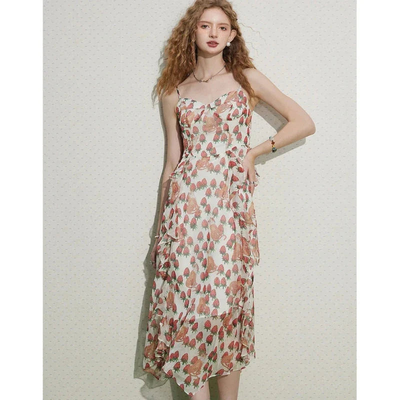 Elegant French-inspired floral midi dress with V-neck, spaghetti straps, and asymmetrical decoration for chic Kiwi style