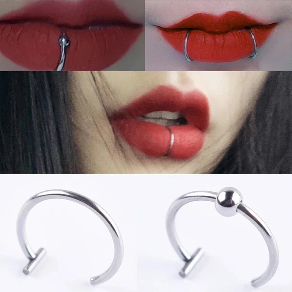 Stylish titanium steel lip rings in gold, silver, and black colors, featuring a unique cuff-style design for a bold, free-spirited look.