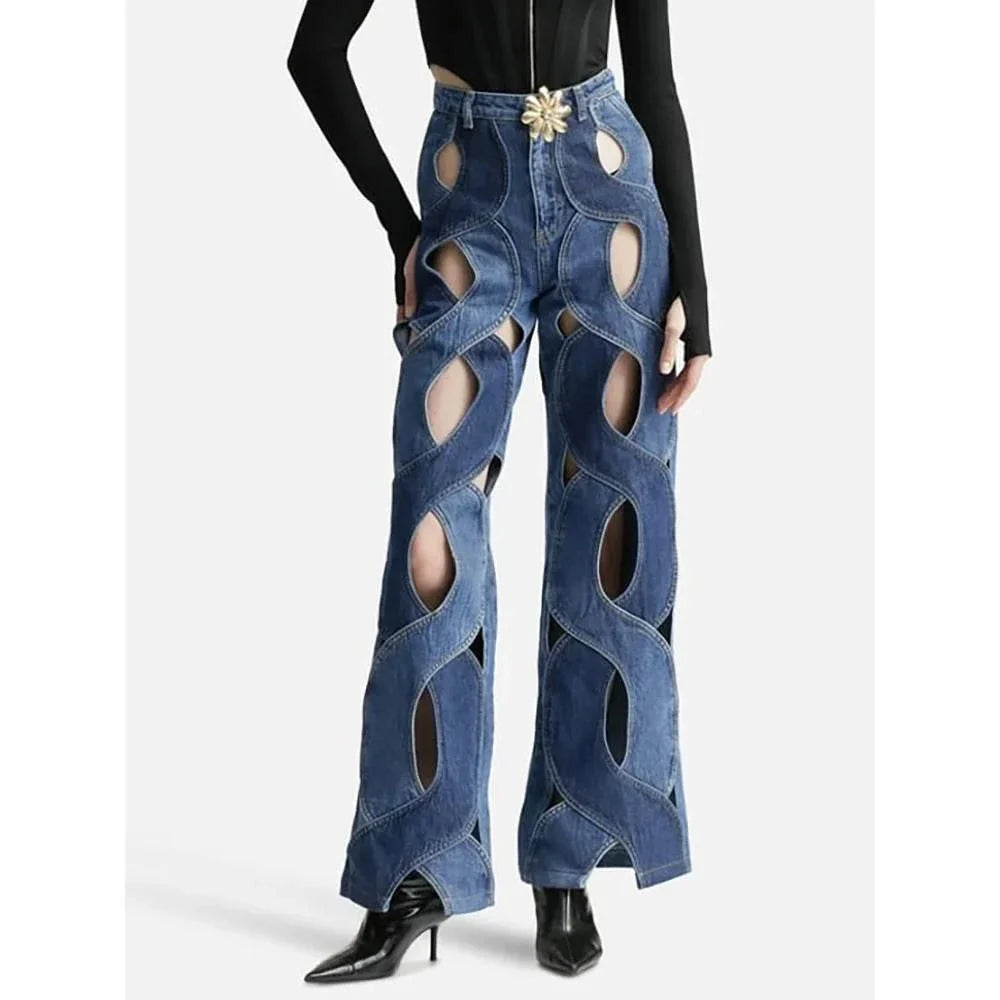 High-Rise Straight-Leg Denim Jeans with Stylish Cross-Contrast Design