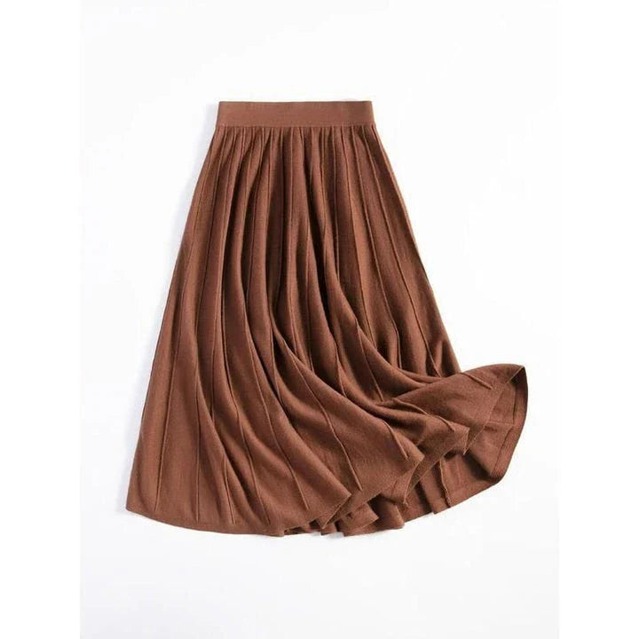 A stylish and versatile mid-calf pleated wool skirt in a chocolate color, perfect for the chilly seasons.