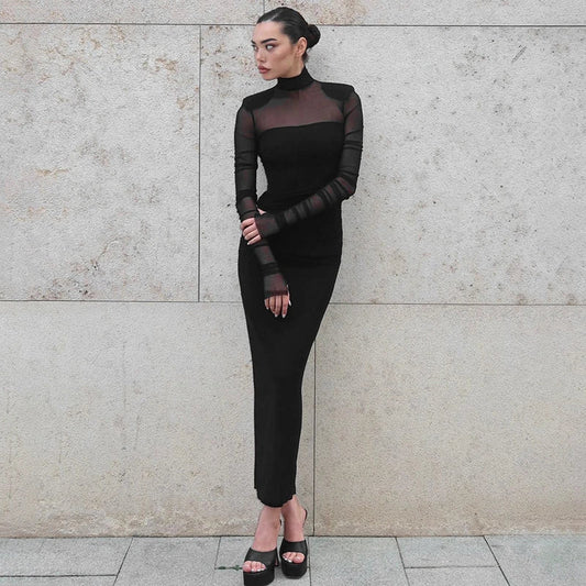 A stylish mesh-stitched turtleneck dress with a slim-fit silhouette and finger-fit design, perfect for everyday wear in New Zealand.