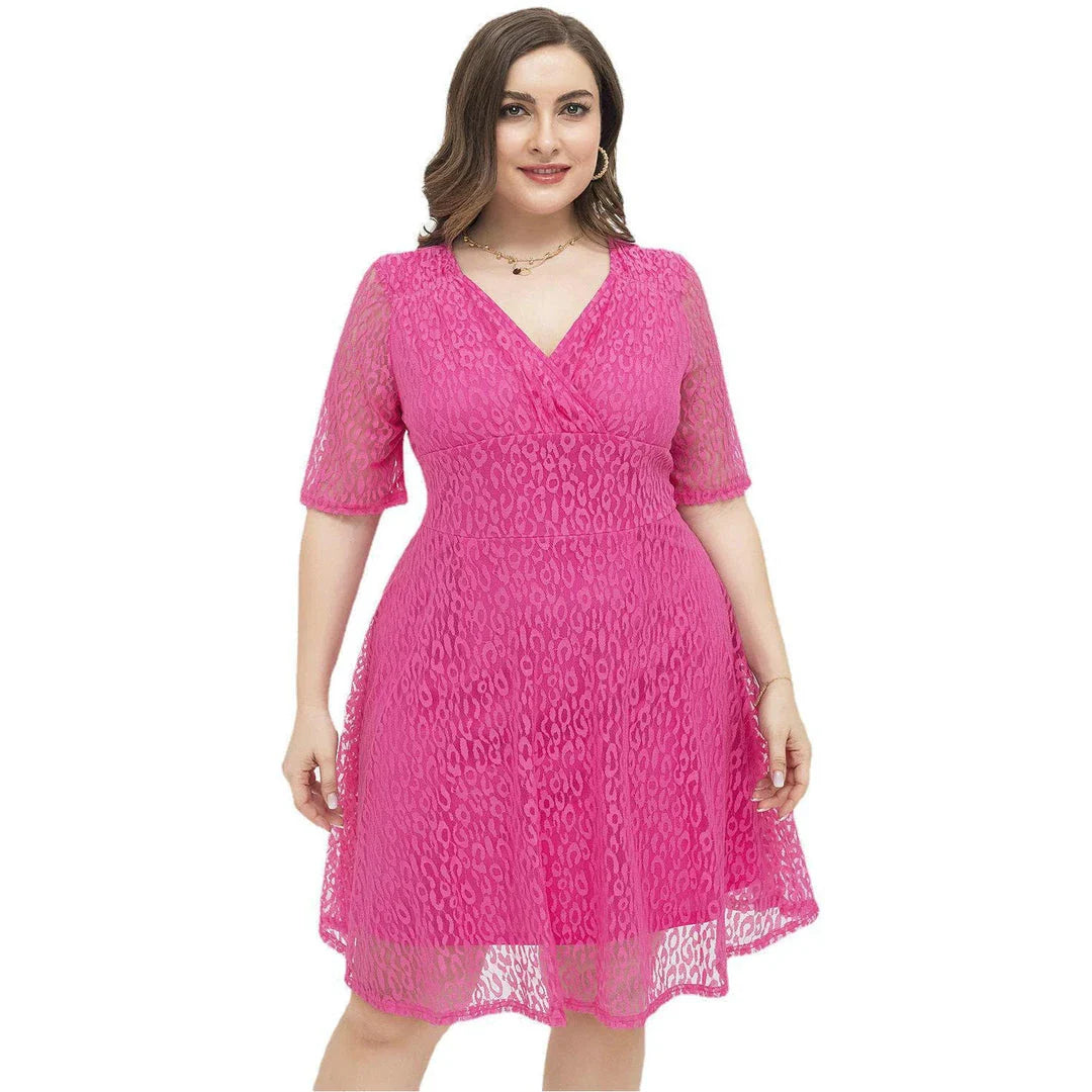 Stylish relaxed-fit v-neck lace dress in rose red color, featuring a flattering A-line silhouette and premium polyester fabric