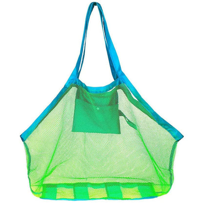 Versatile mesh beach bag in green, featuring a roomy interior, reinforced bottom, and breathable design for outdoor activities