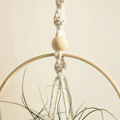 Beige macrame air plant hanging holder with intricate handwoven design, perfect for adding Boho-chic charm to any New Zealand home